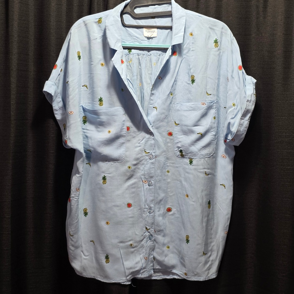 Workshop Republic Clothing‎ Womens Blue Fruit Print Short Sleeve Button Down L